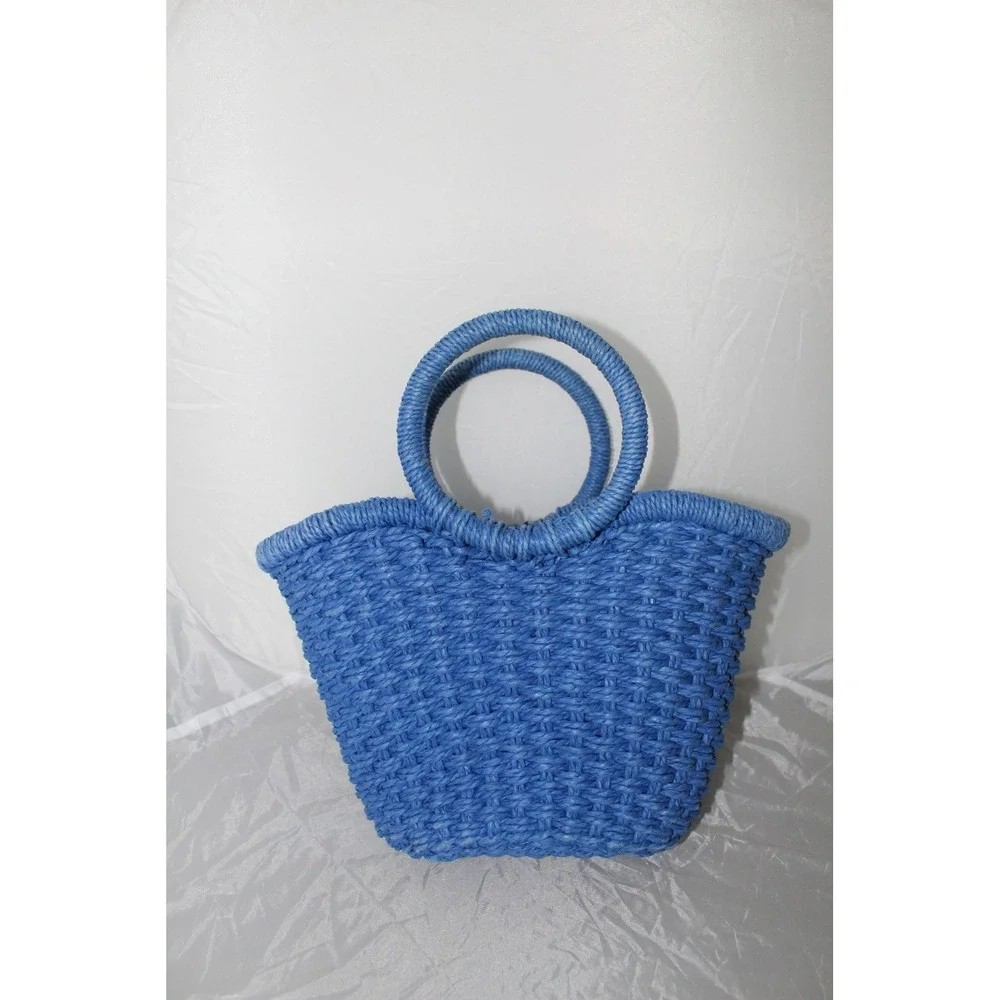 Banana Republic Blue Woven Straw Pom Pom Mini Tote Bag Drawstring Basket Handbag